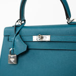 Hermes Handbag Blue Kelly Sellier 25 Vert Bosphore Veau Epsom Palladium Plated Hardware D Stamp - Redeluxe