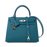 Hermes Handbag Blue Kelly Sellier 25 Vert Bosphore Veau Epsom Palladium Plated Hardware D Stamp - Redeluxe