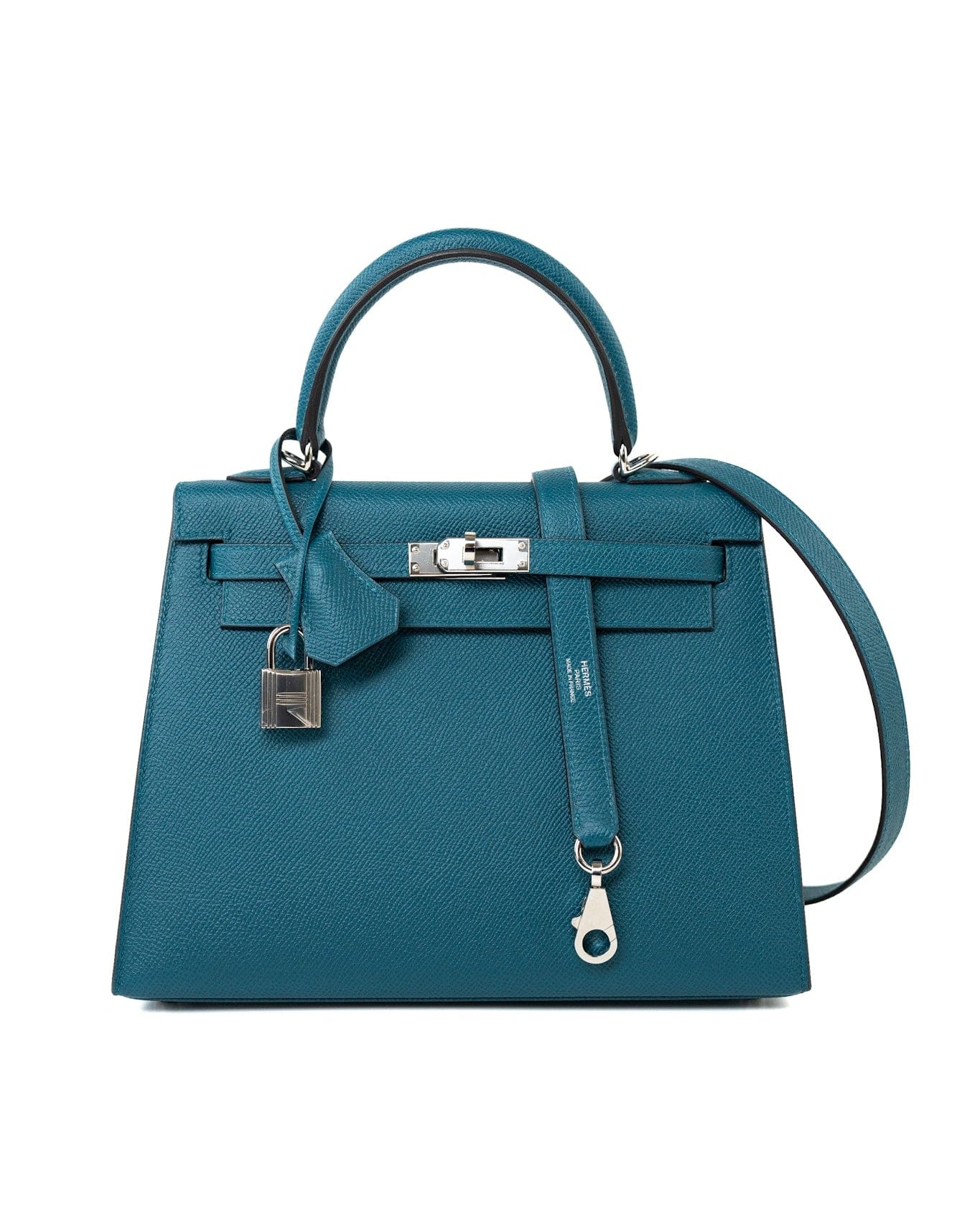 Hermes Handbag Blue Kelly Sellier 25 Vert Bosphore Veau Epsom Palladium Plated Hardware D Stamp - Redeluxe