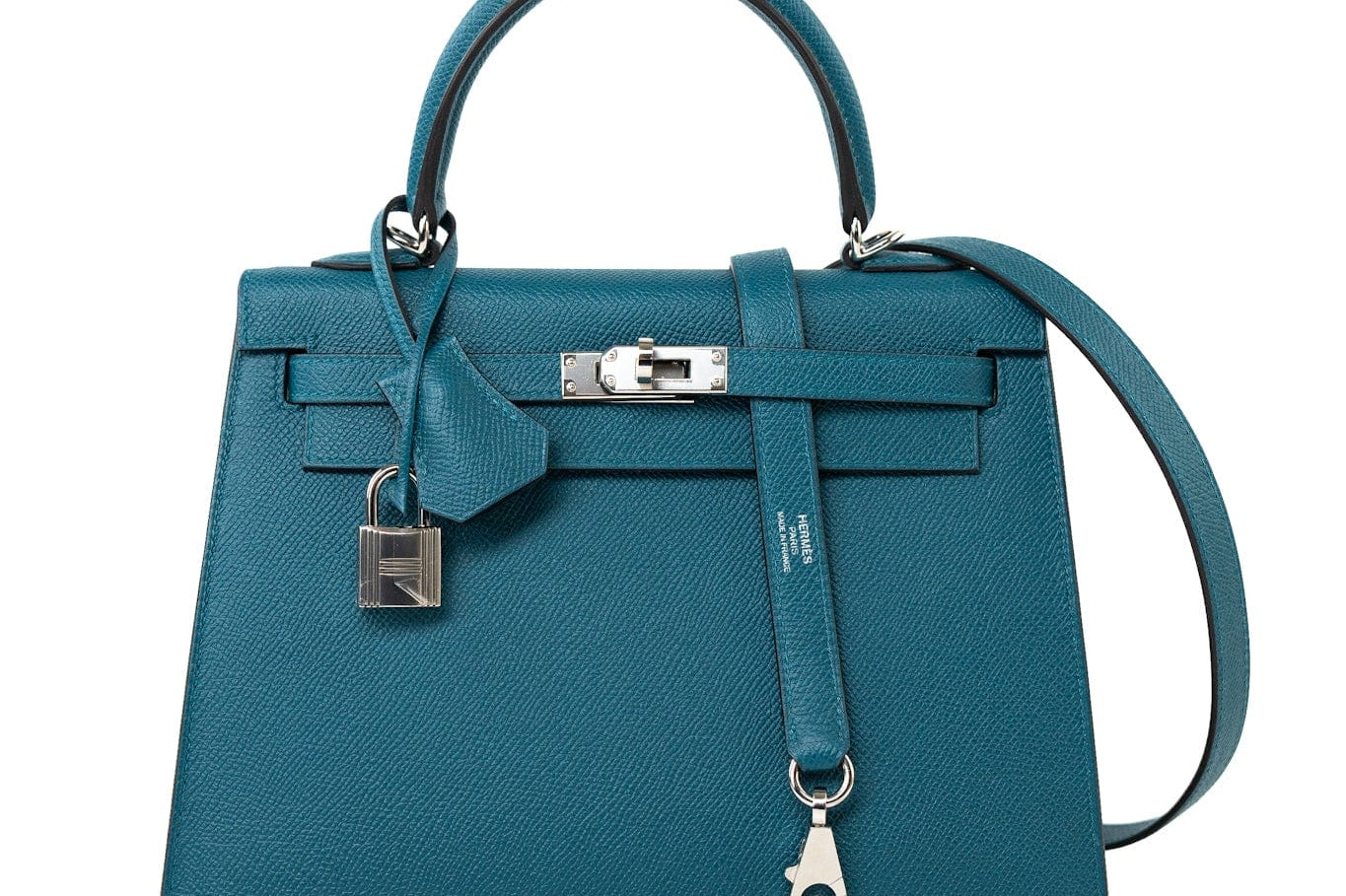 Hermes Handbag Blue Kelly Sellier 25 Vert Bosphore Veau Epsom Palladium Plated Hardware D Stamp - Redeluxe