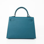 Hermes Handbag Blue Kelly Sellier 25 Vert Bosphore Veau Epsom Palladium Plated Hardware D Stamp - Redeluxe