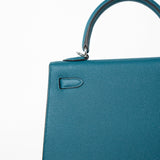 Hermes Handbag Blue Kelly Sellier 25 Vert Bosphore Veau Epsom Palladium Plated Hardware D Stamp - Redeluxe