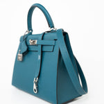 Hermes Handbag Blue Kelly Sellier 25 Vert Bosphore Veau Epsom Palladium Plated Hardware D Stamp - Redeluxe