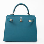 Hermes Handbag Blue Kelly Sellier 25 Vert Bosphore Veau Epsom Palladium Plated Hardware D Stamp - Redeluxe