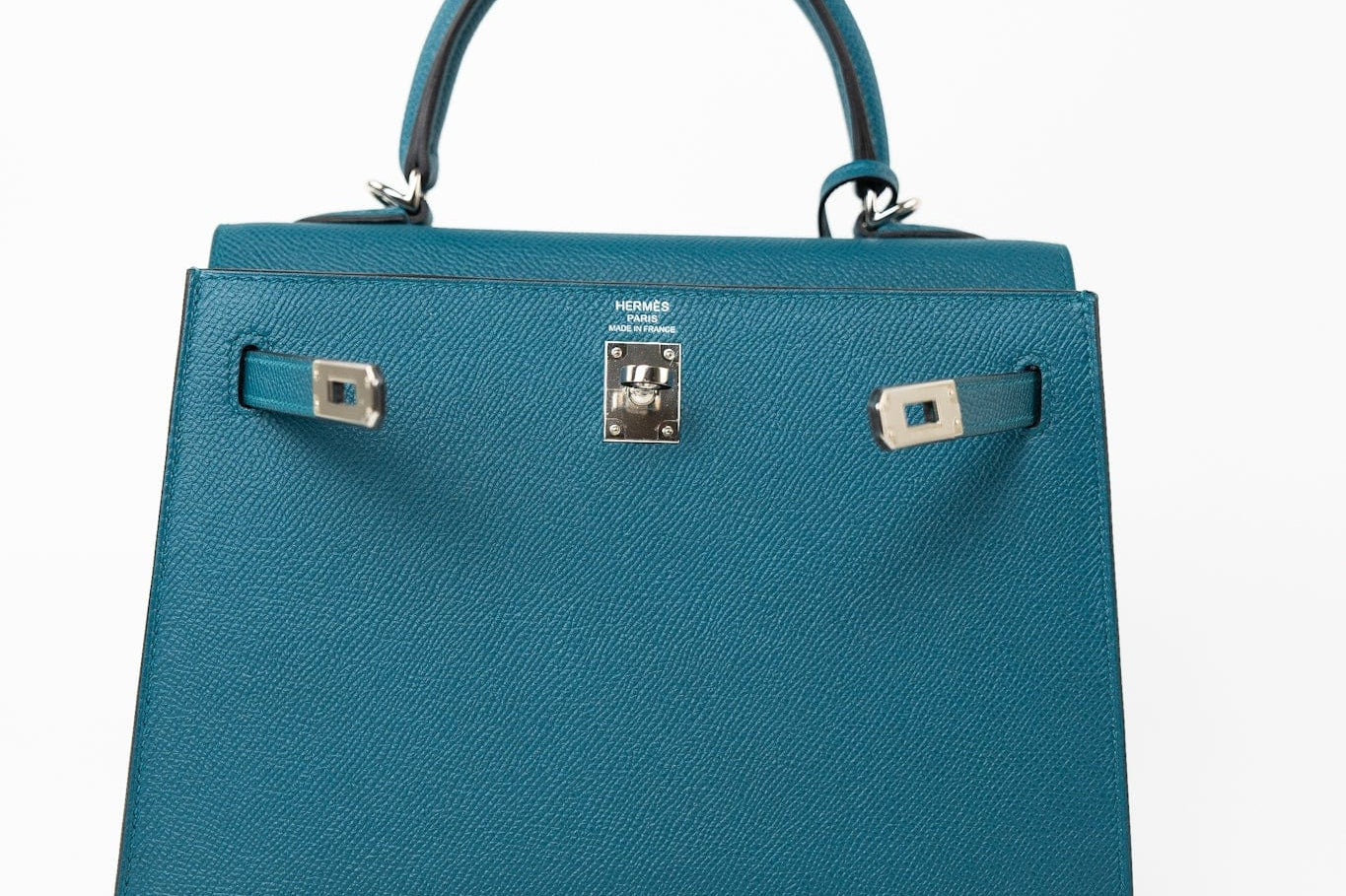 Hermes Handbag Blue Kelly Sellier 25 Vert Bosphore Veau Epsom Palladium Plated Hardware D Stamp - Redeluxe