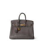 Hermes Handbag Grey (Sold) Birkin 25 Etain Clemence Gold Plated O Square Stamp - Redeluxe