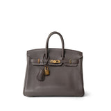 Hermes Handbag Grey (Sold) Birkin 25 Etain Clemence Gold Plated O Square Stamp - Redeluxe