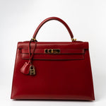 Hermes Handbag Hermes Kelly 32 Rouge Vif Veau Box Calfskin Leather Gold Plated Hardware 1998 B Stamp - Redeluxe