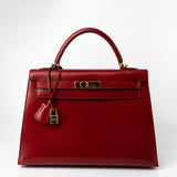 Hermes Handbag Hermes Kelly 32 Rouge Vif Veau Box Calfskin Leather Gold Plated Hardware 1998 B Stamp - Redeluxe