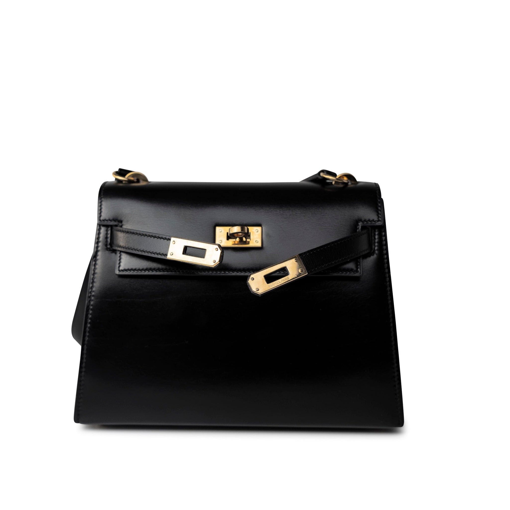 Hermes Vintage Mini Kelly Black Box Calfskin Leather Shoulder Bag