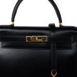 Hermes Handbag Kelly 28 Black Box Calfskin Leather Gold Hardware - Redeluxe