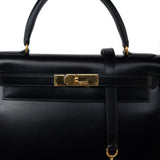 Hermes Handbag Kelly 28 Black Box Calfskin Leather Gold Hardware - Redeluxe