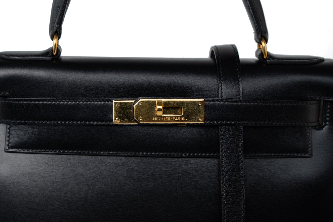 Hermes Handbag Kelly 28 Black Box Calfskin Leather Gold Hardware - Redeluxe