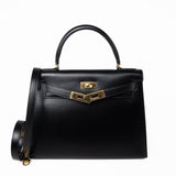 Hermes Handbag Kelly 28 Black Box Calfskin Leather Gold Hardware - Redeluxe