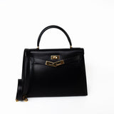 Hermes Handbag Kelly 28 Black Box Calfskin Leather Gold Hardware - Redeluxe