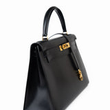 Hermes Handbag Kelly 28 Black Box Calfskin Leather Gold Hardware - Redeluxe