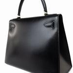 Hermes Handbag Kelly 28 Black Box Calfskin Leather Gold Hardware - Redeluxe