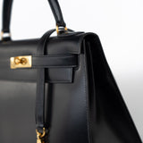 Hermes Handbag Kelly 28 Black Box Calfskin Leather Gold Hardware - Redeluxe