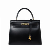 Hermes Handbag Kelly 28 Black Box Calfskin Leather Gold Hardware - Redeluxe