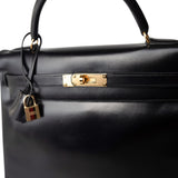 Hermes Handbag Kelly 32 Black Box Calfskin Gold Plated X Circle Stamp - Redeluxe