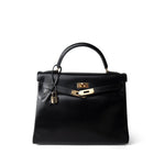 Hermes Handbag Kelly 32 Black Box Calfskin Gold Plated X Circle Stamp - Redeluxe