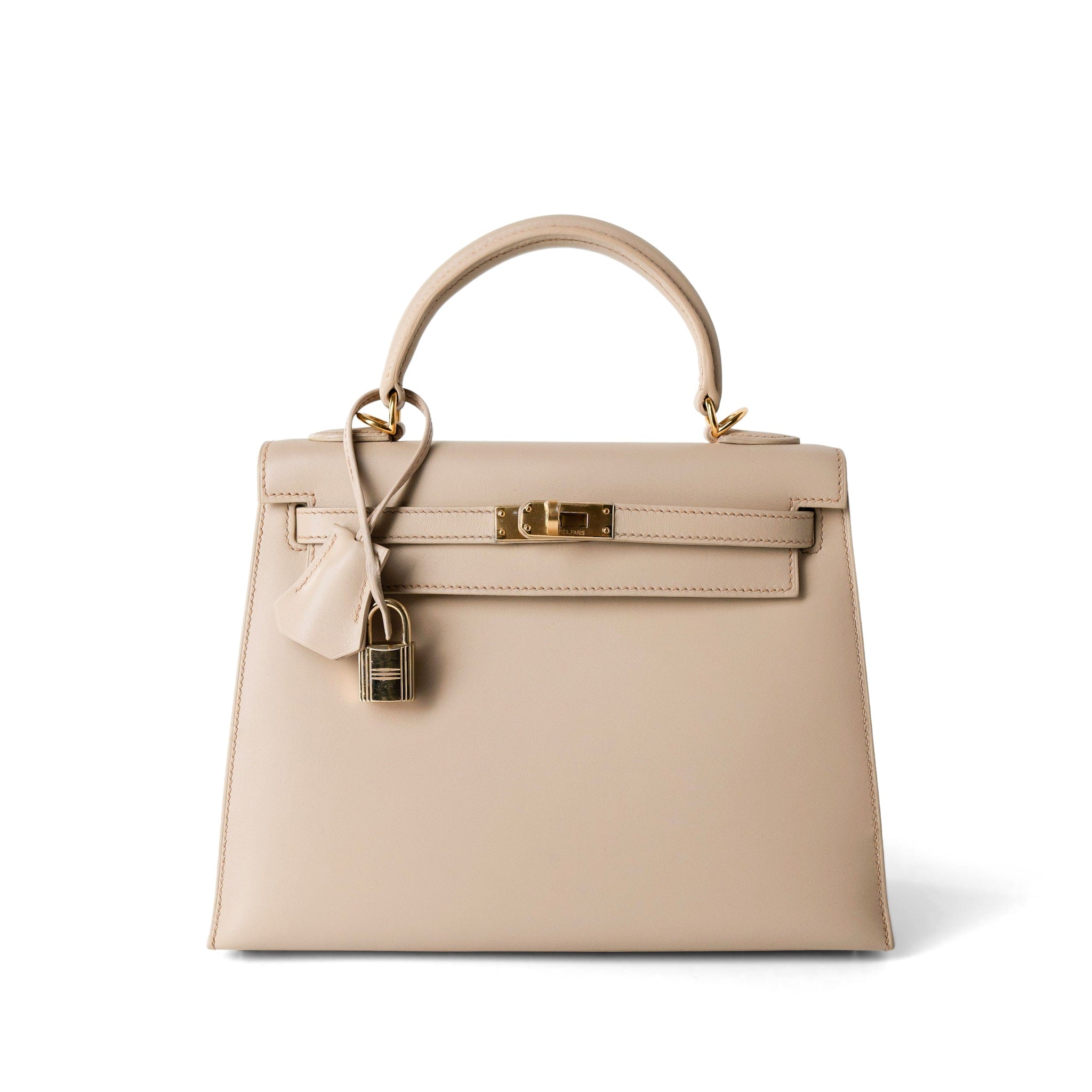 Hermes Handbag Kelly / Beige Kelly 25 Beige Box Calfskin Leather Gold Plated Hardware E Square Stamp - Redeluxe