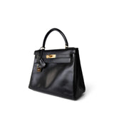 Hermes Handbag Kelly / Black Kelly 28 Black Box Calfskin Gold Plated V Stamp - Redeluxe