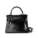 Hermes Handbag Kelly / Black Kelly 28 Retourne Black Box Calfskin Leather Gold Plated Hardware A Square Stamp - Redeluxe