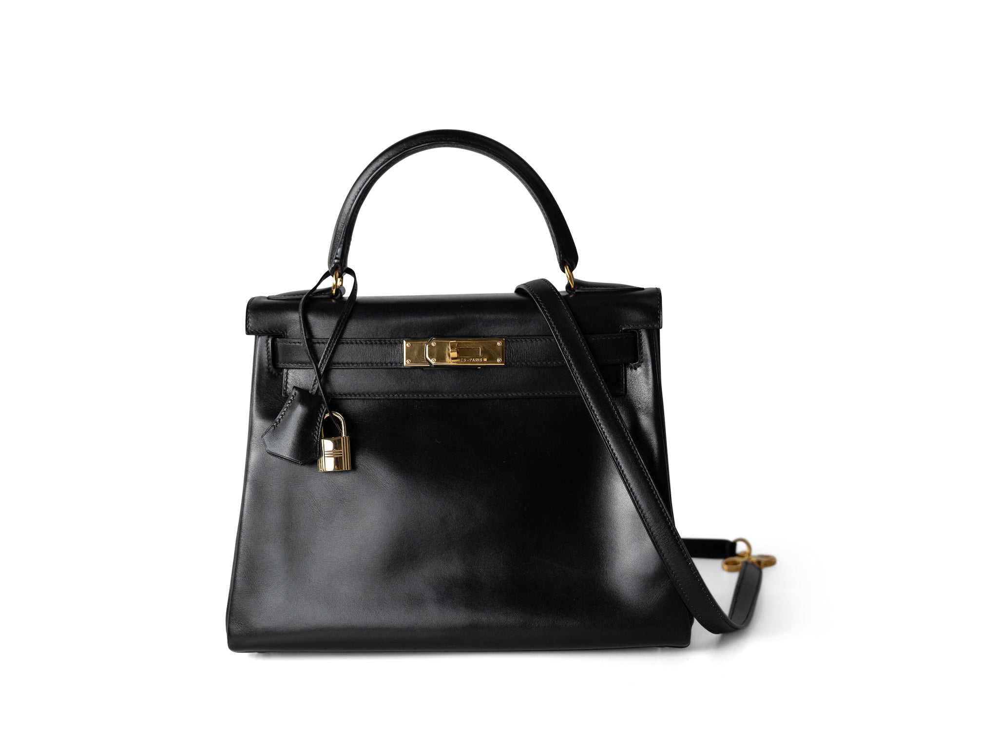 Hermes Handbag Kelly / Black Kelly 28 Retourne Black Box Calfskin Leather Gold Plated Hardware A Square Stamp - Redeluxe