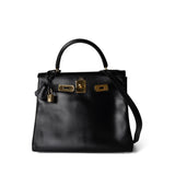 Hermes Handbag Kelly / Black Kelly 28 Retourne Black Box Calfskin Leather Gold Plated Hardware A Square Stamp - Redeluxe