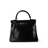 Hermes Handbag Kelly / Black Kelly 28 Retourne Black Box Calfskin Leather Gold Plated Hardware A Square Stamp - Redeluxe