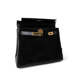 Hermes Handbag Kelly / Black Kelly 28 Retourne Black Box Calfskin Leather Gold Plated Hardware A Square Stamp - Redeluxe