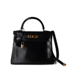 Hermes Handbag Kelly / Black Kelly 28 Retourne Black Box Calfskin Leather Gold Plated Hardware A Square Stamp - Redeluxe