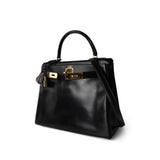 Hermes Handbag Kelly / Black Kelly 28 Retourne Black Box Calfskin Leather Gold Plated Hardware A Square Stamp - Redeluxe