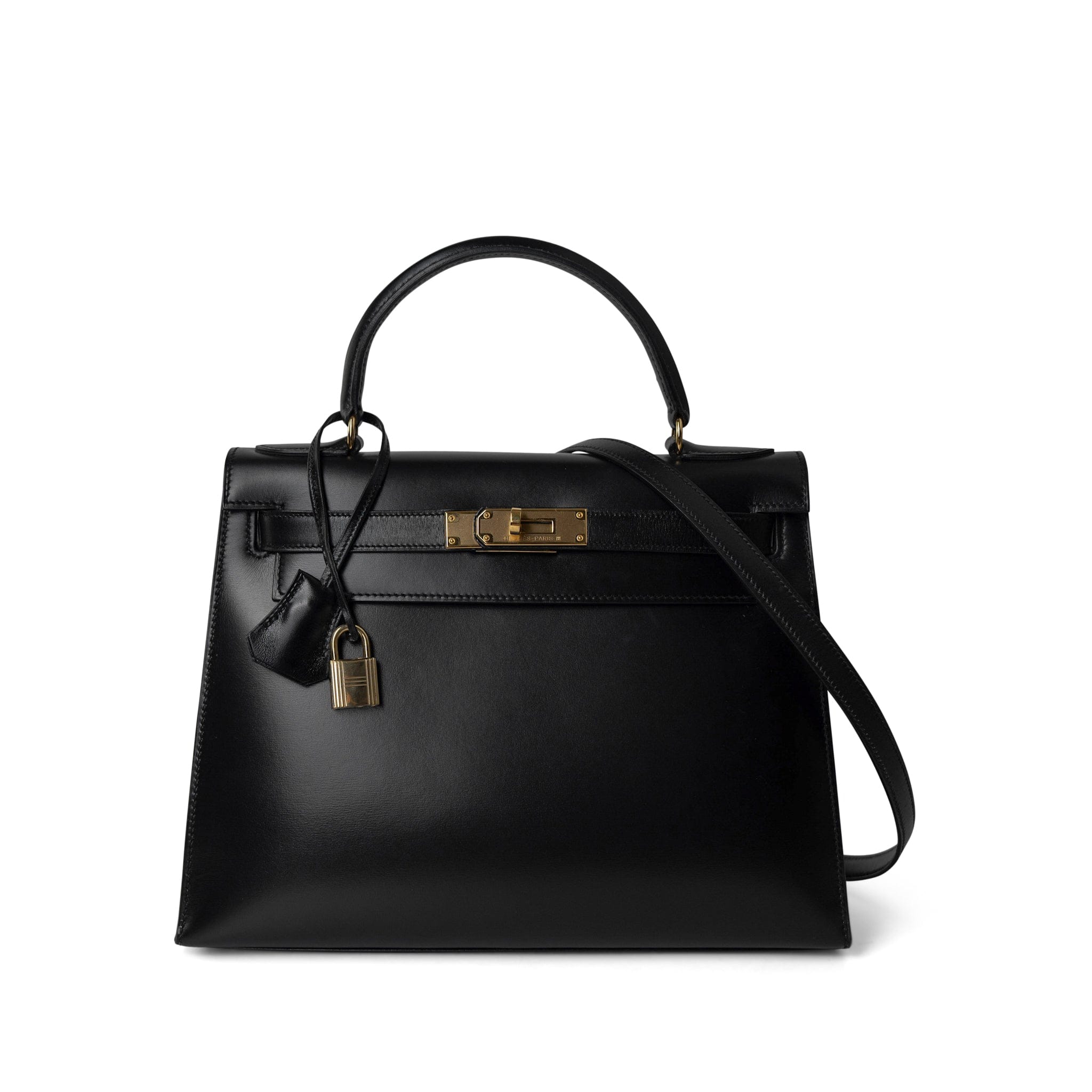 Hermes Handbag Kelly / Black Kelly 28 Sellier Black Box Calfskin Gold Plated P Circle Stamp - Redeluxe