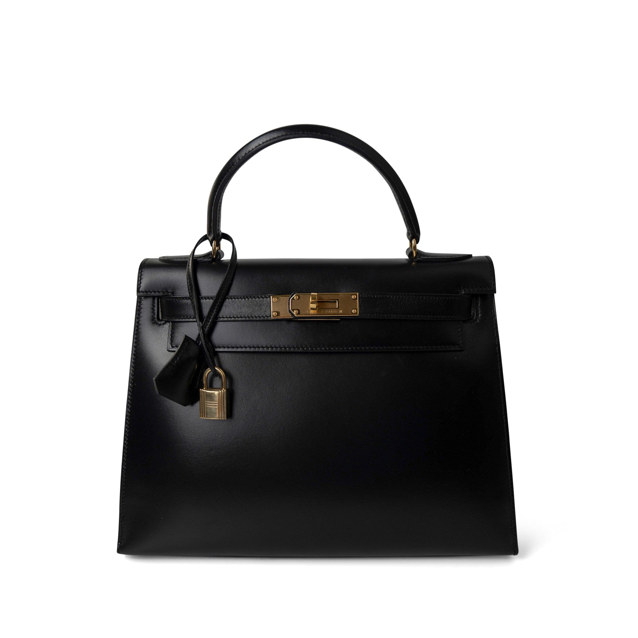 Hermes Handbag Kelly / Black Kelly 28 Sellier Black Box Calfskin Gold Plated P Circle Stamp - Redeluxe