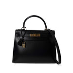 Hermes Handbag Kelly / Black Kelly 28 Sellier Black Box Calfskin Gold Plated P Circle Stamp - Redeluxe