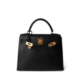 Hermes Handbag Kelly / Black Kelly Sellier 28 Black Ardennes Gold Plated A Square Stamp - Redeluxe