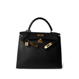 Hermes Handbag Kelly / Black Kelly Sellier 28 Black Ardennes Gold Plated A Square Stamp - Redeluxe