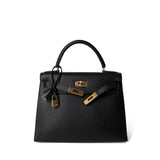 Hermes Handbag Kelly / Black Kelly Sellier 28 Black Ardennes Gold Plated A Square Stamp - Redeluxe