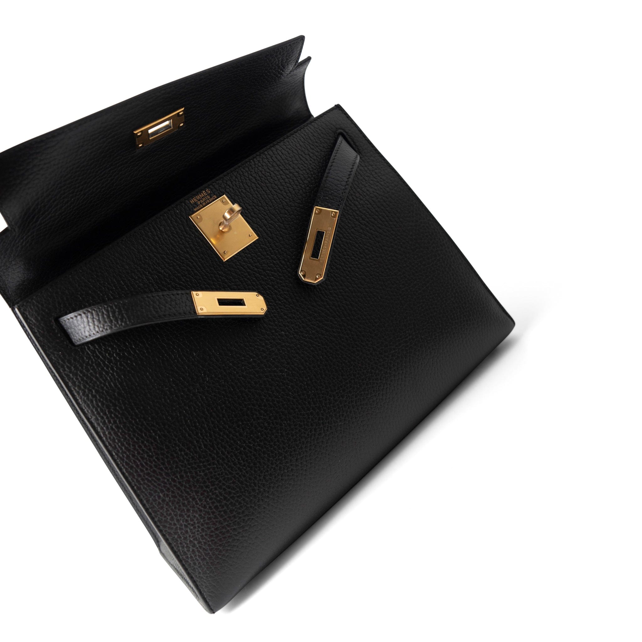 Hermes Handbag Kelly / Black Kelly Sellier 28 Black Ardennes Gold Plated A Square Stamp - Redeluxe