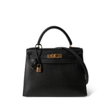 Hermes Handbag Kelly / Black Kelly Sellier 28 Black Ardennes Gold Plated A Square Stamp - Redeluxe