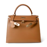 Hermes Handbag Kelly / Brown Kelly Sellier 28 Gold Natural Chamonix Plated A Square Stamp - Redeluxe