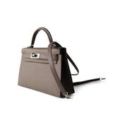 Hermes Handbag Kelly / Grey Hermes Kelly Mini II Etain (greige) Veau Epsom Leather Palladium plated Y Stamp - Redeluxe