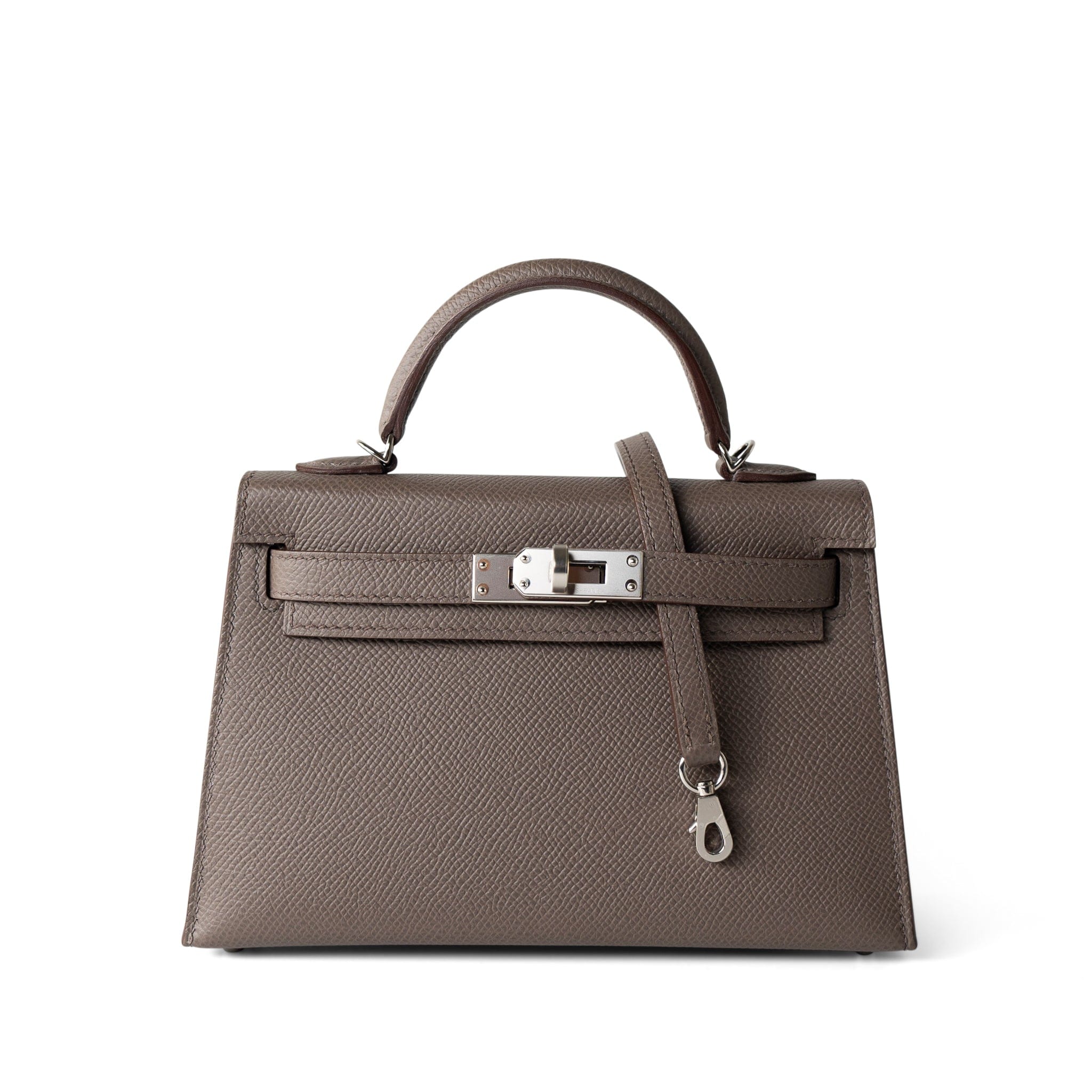 Hermes Handbag Kelly / Grey Hermes Kelly Mini II Etain (greige) Veau Epsom Leather Palladium plated Y Stamp - Redeluxe