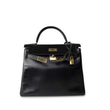 Hermes Handbag Kelly Retourne Black Box Calfskin Gold Plated Y Stamp - Redeluxe