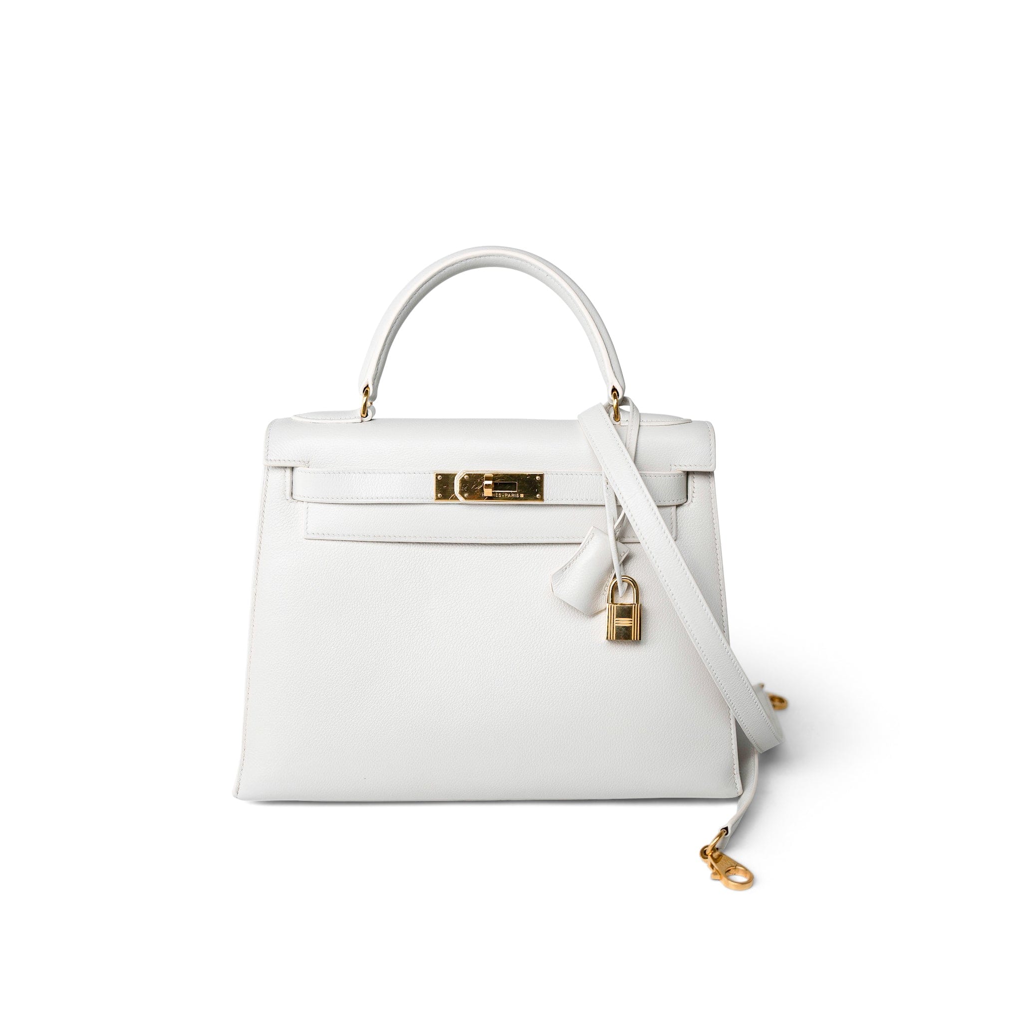 Hermes Handbag Kelly / White Kelly Sellier 28 White Veau Graine Gold Plated W Circle Stamp - Redeluxe