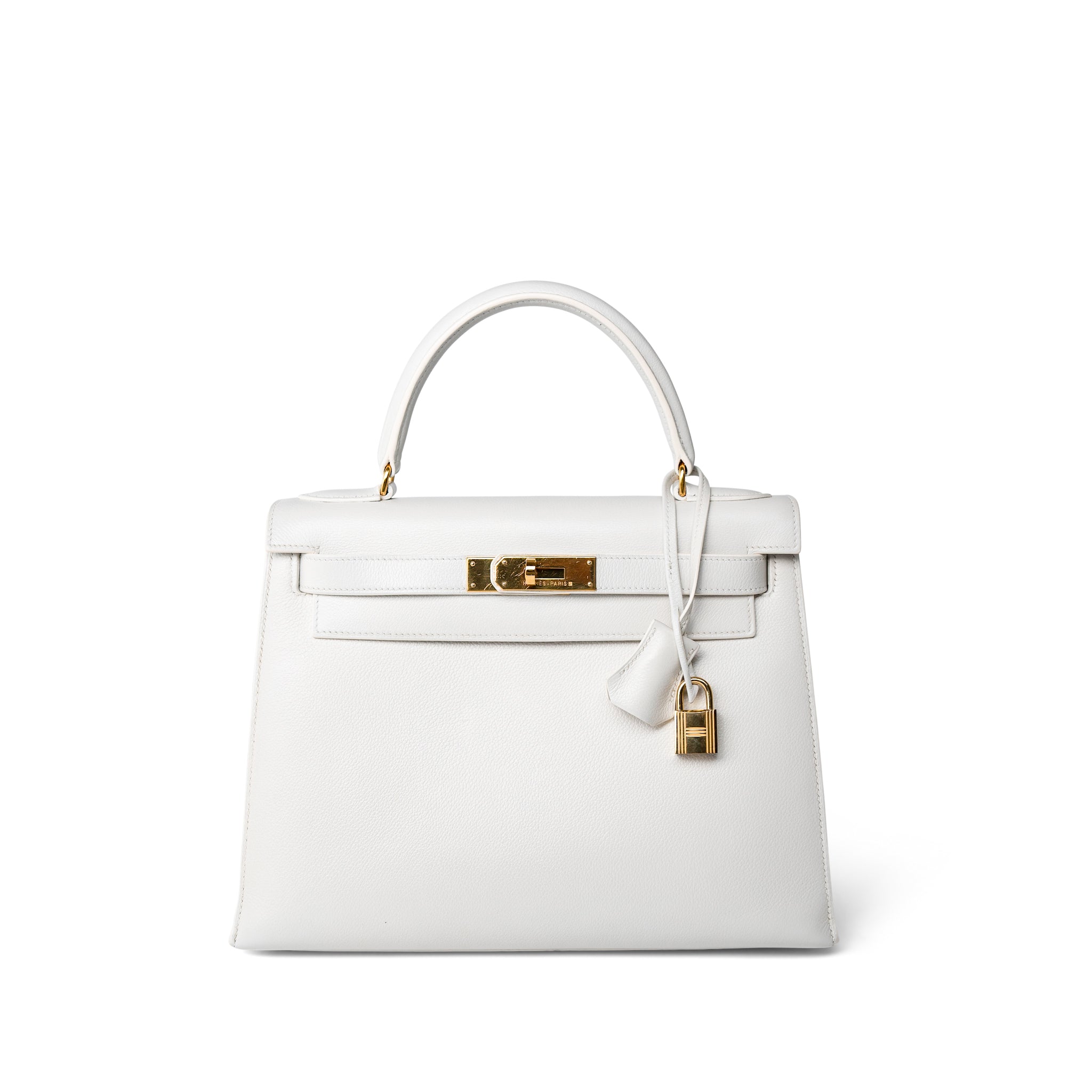 Hermes Handbag Kelly / White Kelly Sellier 28 White Veau Graine Gold Plated W Circle Stamp - Redeluxe