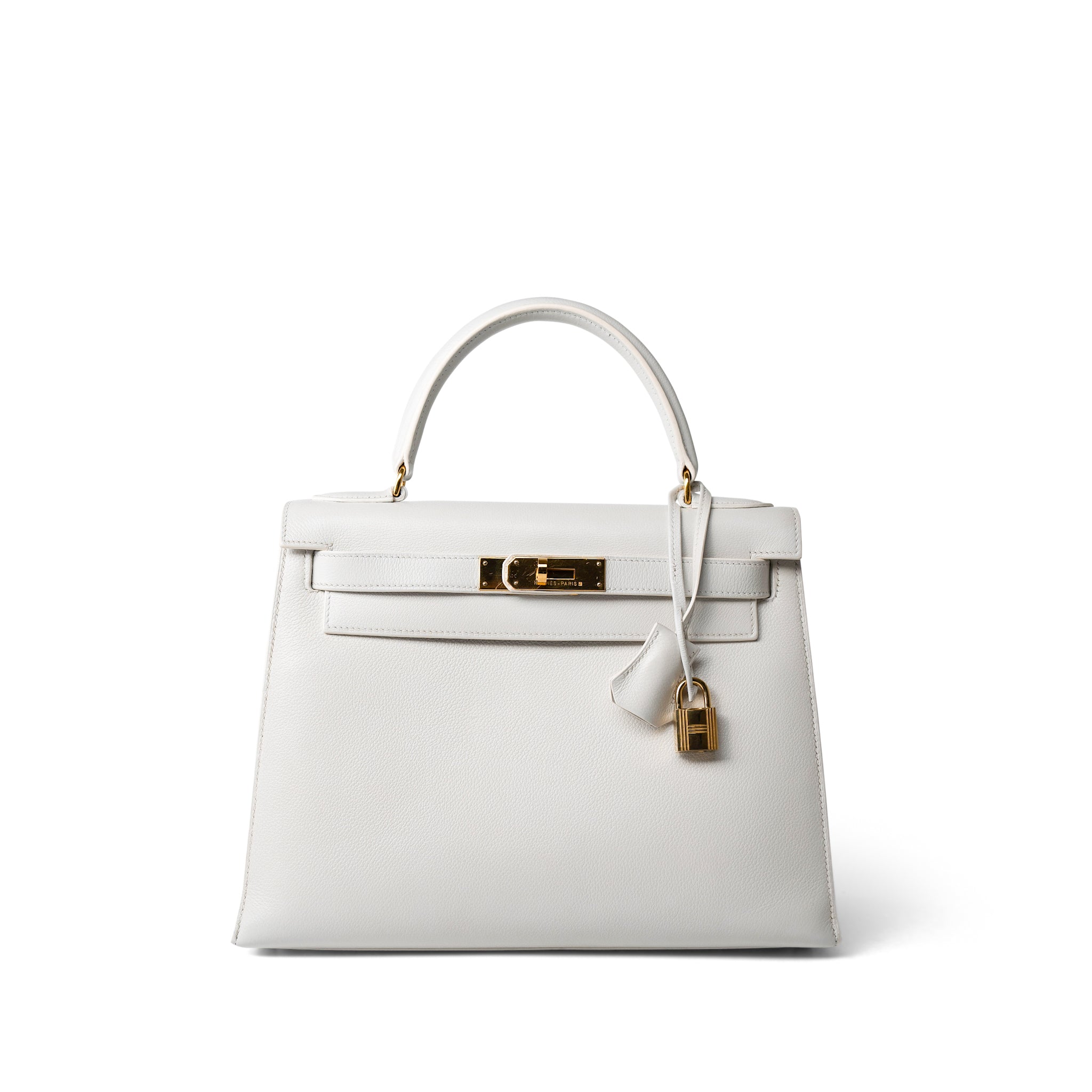 Hermes Handbag Kelly / White Kelly Sellier 28 White Veau Graine Gold Plated W Circle Stamp - Redeluxe