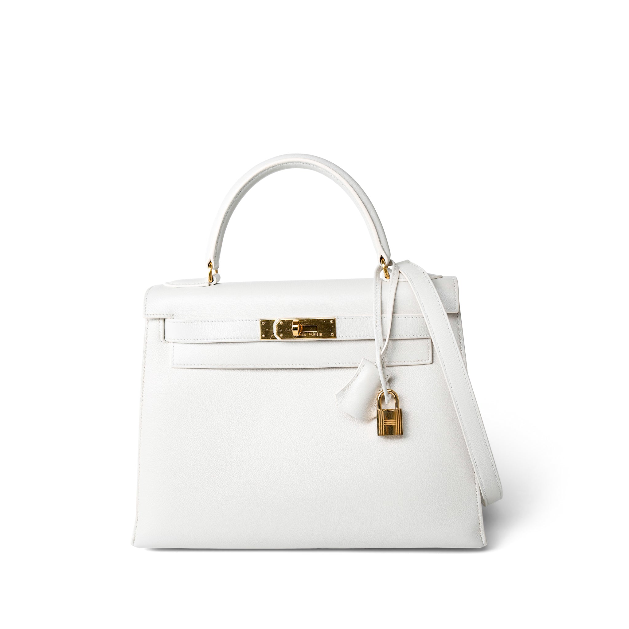 Hermes Handbag Kelly / White Kelly Sellier 28 White Veau Graine Gold Plated W Circle Stamp - Redeluxe